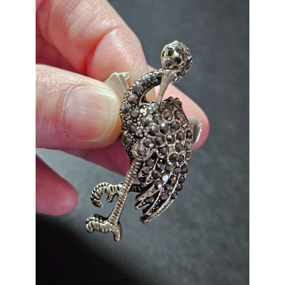 Silver tone marcasite flamingo ring bird adjustable